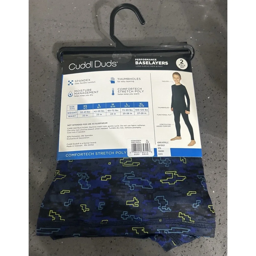 NEW Cuddl Duds Base Layer Boys Youth XL 2pc Set Pant & Crew Top Blue Pattern NWT